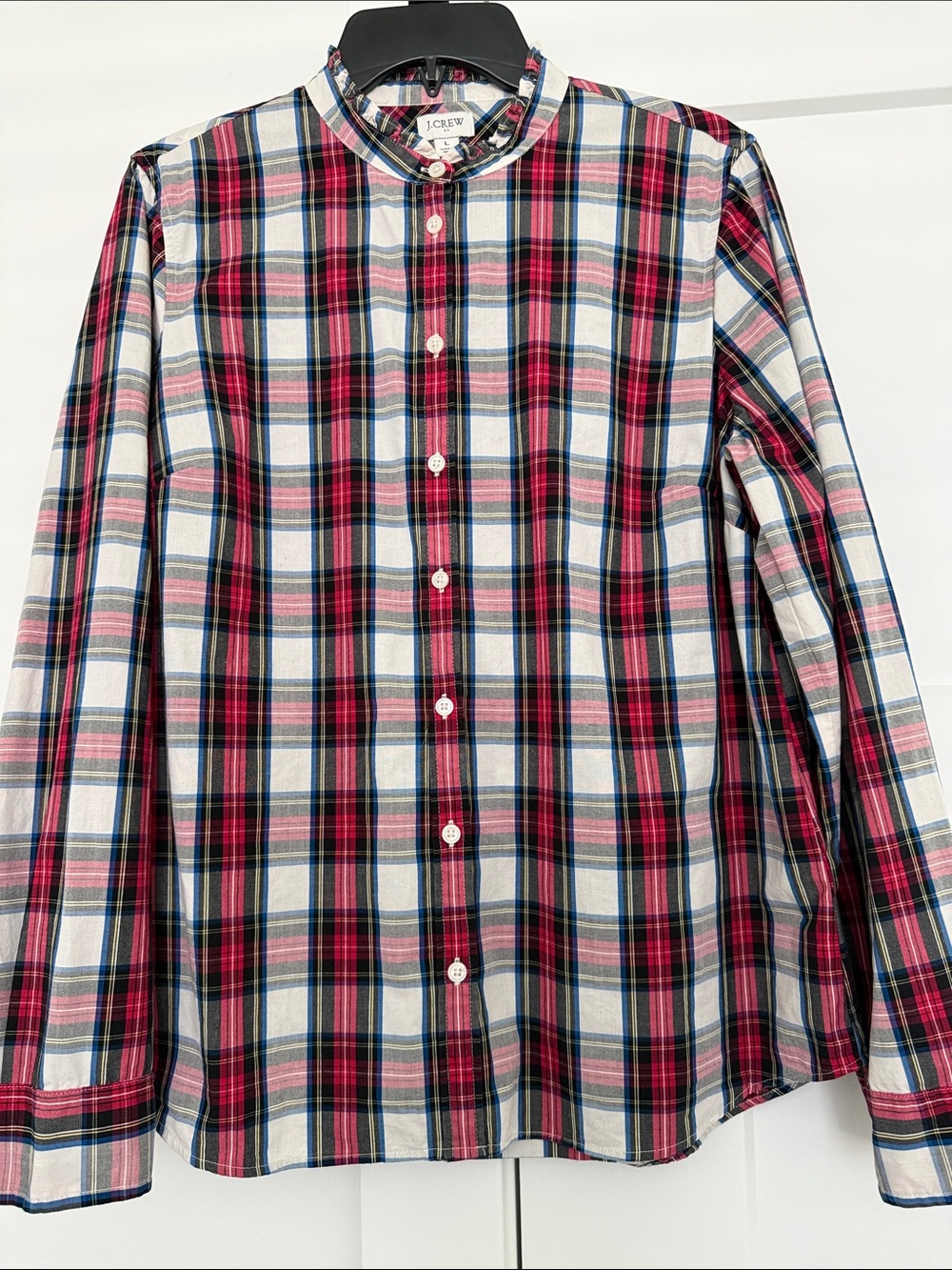J. Crew Red & Blue Plaid Band-Collar Button-Down Shirt.L.ptp 21.5”/length 26.5”